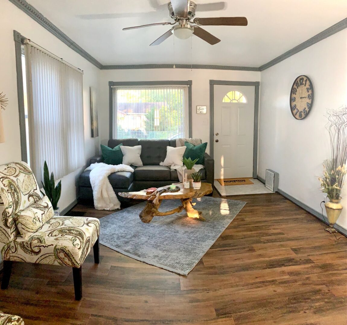 A Living Room Space With a Three Seater Olive Green Couch